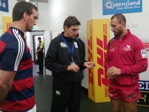 The coin toss before the match with Warberton & Quade Cooper