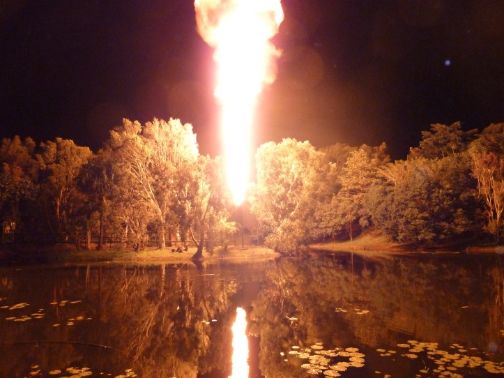 A lit arrow was sent across the lake which set this flame alight
